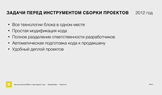 14/ 61
ЗАДАЧИ ПЕРЕД ИНСТРУМЕНТОМ СБОРКИ ПРОЕКТОВ 2012 год
• Все технологии блока в одном месте
• Простая модификация кода
• Полное разделение ответственности разработчиков
• Автоматическая подготовка кода к продакшену
• Удобный деплой проектов
Как мы жили до БЭМа и к чему пришли с ним • Воищев Иван • Factory.mn
 