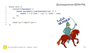 Доопределение BEMHTML
Как мы жили до БЭМа и к чему пришли с ним • Воищев Иван • Factory.mn 33 / 61
 