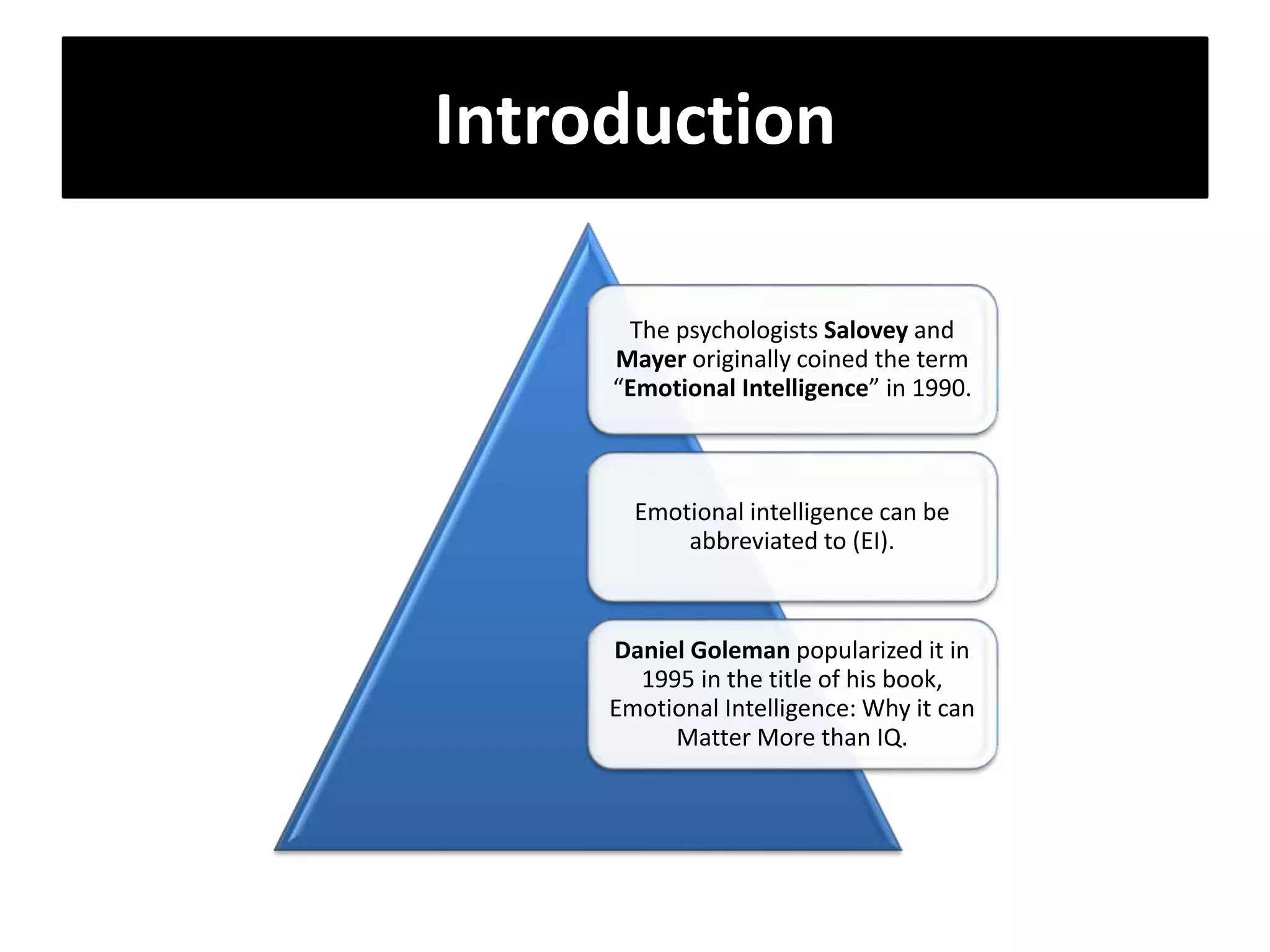 Introduction
The psychologists Salovey and
Mayer originally coined the term
“Emotional Intelligence” in 1990.
Emotional intelligence can be
abbreviated to (EI).
Daniel Goleman popularized it in
1995 in the title of his book,
Emotional Intelligence: Why it can
Matter More than IQ.
 