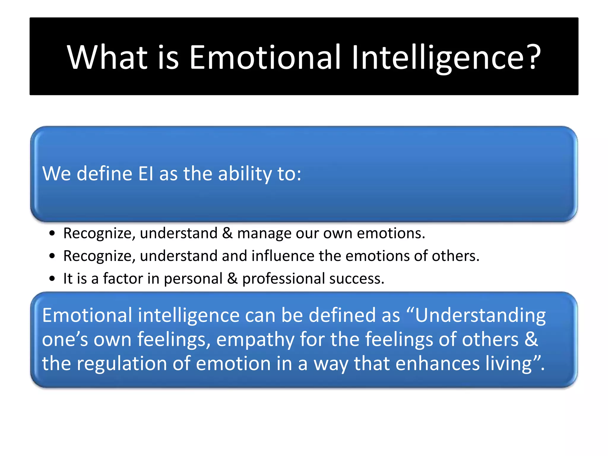 What is Emotional Intelligence?
We define EI as the ability to:
• Recognize, understand & manage our own emotions.
• Recognize, understand and influence the emotions of others.
• It is a factor in personal & professional success.
Emotional intelligence can be defined as “Understanding
one’s own feelings, empathy for the feelings of others &
the regulation of emotion in a way that enhances living”.
 