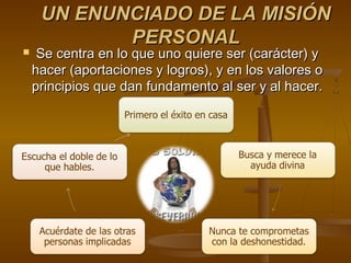 UN ENUNCIADO DE LA MISIÓN
            PERSONAL
    Se centra en lo que uno quiere ser (carácter) y
    hacer (aportaciones y logros), y en los valores o
    principios que dan fundamento al ser y al hacer.
 