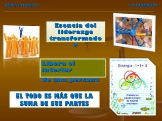 SEXTO HÁBITO                    LA SINERGIA




                  Esencia del
                   liderazgo
                 transformado
                       r


               Libera el
               interior
               de una persona


    EL TODO ES MÁS QUE LA
     SUMA DE SUS PARTES
 