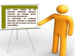 Los sietes hábitos de las
personas altamente efectivas
producen una sinergia óptima
entre esas dimensiones.
La renovación en cualquier
dimensión aumenta la capacidad
para vivir por lo menos uno de los
siete hábitos.
 