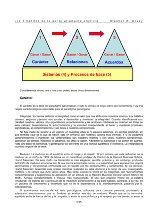 L o s 7 h á b i t o s d e l a g e n t e a l t a m e n t e e f e c t i v a S t e p h e n R . C o v e y
135
Consideremos ahora, una a una y en orden, estas cinco dimensiones.
Carácter
El carácter es la base del paradigma ganar/ganar, y todo lo demás se erige sobre ese fundamento. Hay tres
rasgos caracterológicos esenciales para el paradigma ganar/ganar.
Integridad. Ya hemos definido la integridad como el valor que nos atribuimos nosotros mismos. Los hábitos
primero, segundo y tercero nos ayudan a desarrollar y mantener la integridad. Cuando identificamos con
claridad nuestros valores, nos organizamos proactivamente y las acciones cotidianas se ordenan en torno de
esos valores; desarrollamos la autoconciencia y la voluntad independiente al hacer y mantener promesas
significativas, al comprometernos y ser fieles a nuestros compromisos.
No hay modo de recurrir a un «gano» en nuestras vidas si ni siquiera sabemos, en sentido profundo, en
qué consiste (qué es lo que de hecho está en armonía con nuestros valores más íntimos). Y si no podemos
comprometernos y mantener los compromisos con nosotros mismos y con otros, nuestros compromisos
carecerán de sentido. Nosotros lo sabemos; los otros lo saben. Advierten la duplicidad y se ponen en guardia.
Falta una base de confianza, y ganar/ganar se convierte en una técnica superficial e inefectiva. La integridad es
la piedra angular de la base.
Madurez. La madurez es el equilibrio entre el coraje y el respeto. Oí por primera vez esta definición de la
madurez en el otoño de 1955, de labios de un maravilloso profesor de Control de la Harvard Business School,
Hrand Saxenian. De este modo me transmitió la más elegante, sencilla, práctica y, sin embargo, profunda
definición de madurez emocional con la que me he encontrado nunca: «La capacidad para expresar los propios
sentimientos y convicciones combinada con el respeto por los pensamientos y sentimientos de los demás».
Hrand Saxenian desarrolló este criterio mientras realizaba su tesis doctoral a lo largo de una investigación
histórica y de campo que duró varios años. Más tarde, expuso la teoría en su integridad, con razonamientos
complementarios y sugerencias de aplicación, en un artículo de la Harvard Business Review (enero-febrero de
1958). Aunque complementario e incluso más evolucionado, el uso que propone Hrand de la palabra
«madurez» es distinto del «continuum de la madurez» perteneciente a los siete hábitos, centrado, a su vez, en
un proceso de crecimiento y desarrollo que va de la dependencia a la interdependencia, pasando por la
independencia.
Si examinamos muchos de los tests psicológicos, utilizados para contratar personal, promoverlo y
adiestrarlo, descubriremos que su finalidad es evaluar ese tipo de madurez. Puede que se la denomine
equilibrio entre la fuerza del yo y la empatia, o entre la autoconfianza y el respeto por los demás, o entre la
1 2 3
Sistemas (4) y Procesos de base (5)
Carácter Relaciones Acuerdos
Ganar / Ganar Ganar / Ganar Ganar / Ganar
1 2 3
Sistemas (4) y Procesos de base (5)
Carácter Relaciones Acuerdos
Ganar / Ganar Ganar / Ganar Ganar / Ganar
 