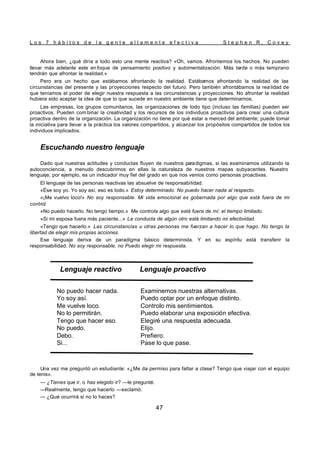 L o s 7 h á b i t o s d e l a g e n t e a l t a m e n t e e f e c t i v a S t e p h e n R . C o v e y
47
Ahora bien, ¿qué diría a todo esto una mente reactiva? «Oh, vamos. Afrontemos los hechos. No pueden
llevar más adelante este en foque de pensamiento positivo y automentalización. Más tarde o más temprano
tendrán que afrontar la realidad.»
Pero era un hecho que estábamos afrontando la realidad. Estábamos afrontando la realidad de las
circunstancias del presente y las proyecciones respecto del futuro. Pero también afrontábamos la rea lidad de
que teníamos el poder de elegir nuestra respuesta a las circunstancias y proyecciones. No afrontar la realidad
hubiera sido aceptar la idea de que lo que sucede en nuestro ambiente tiene que determinarnos.
Las empresas, los grupos comunitarios, las organizaciones de todo tipo (incluso las familias) pueden ser
proactivos. Pueden com binar la creatividad y los recursos de los individuos proactivos para crear una cultura
proactiva dentro de la organización. La organización no tiene por qué estar a merced del ambiente; puede tomar
la iniciativa para llevar a la práctica los valores compartidos, y alcanzar los propósitos compartidos de todos los
individuos implicados.
Escuchando nuestro lenguaje
Dado que nuestras actitudes y conductas fluyen de nuestros paradigmas, si las examinamos utilizando la
autoconciencia, a menudo descubrimos en ellas la naturaleza de nuestros mapas subyacentes. Nuestro
lenguaje, por ejemplo, es un indicador muy fiel del grado en que nos vemos como personas proactivas.
El lenguaje de las personas reactivas las absuelve de responsabilidad.
«Ése soy yo. Yo soy así, eso es todo.» Estoy determinado. No puedo hacer nada al respecto.
«¡Me vuelvo loco!» No soy responsable. Mi vida emocional es gobernada por algo que está fuera de mi
control.
«No puedo hacerlo. No tengo tiempo.» Me controla algo que está fuera de mí: el tiempo limitado.
«Si mi esposa fuera más paciente...» La conducta de algún otro está limitando mi efectividad.
«Tengo que hacerlo.» Las circunstancias u otras personas me fuerzan a hacer lo que hago. No tengo la
libertad de elegir mis propias acciones.
Ese lenguaje deriva de un paradigma básico determinista. Y en su espíritu está transferir la
responsabilidad. No soy responsable, no Puedo elegir mi respuesta.
Una vez me preguntó un estudiante: «¿Me da permiso para faltar a clase? Tengo que viajar con el equipo
de tenis».
— ¿Tienes que ir, o has elegido ir? —le pregunté.
—Realmente, tengo que hacerlo —exclamó.
— ¿Qué ocurrirá si no lo haces?
Lenguaje reactivo Lenguaje proactivo
No puedo hacer nada. Examinemos nuestras alternativas.
Yo soy así. Puedo optar por un enfoque distinto.
Me vuelve loco. Controlo mis sentimientos.
No lo permitirán. Puedo elaborar una exposición efectiva.
Tengo que hacer eso. Elegiré una respuesta adecuada.
No puedo. Elijo.
Debo. Prefiero.
Si... Pase lo que pase.
Lenguaje reactivo Lenguaje proactivo
No puedo hacer nada. Examinemos nuestras alternativas.
Yo soy así. Puedo optar por un enfoque distinto.
Me vuelve loco. Controlo mis sentimientos.
No lo permitirán. Puedo elaborar una exposición efectiva.
Tengo que hacer eso. Elegiré una respuesta adecuada.
No puedo. Elijo.
Debo. Prefiero.
Si... Pase lo que pase.
 