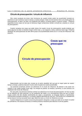 L o s 7 h á b i t o s d e l a g e n t e a l t a m e n t e e f e c t i v a S t e p h e n R . C o v e y
49
Círculo de preocupación / círculo de influencia
Otro modo excelente de tomar más conciencia de nuestro propio grado de proactividad consiste en
examinar en qué invertimos nues tro tiempo y nuestra energía. Cada uno de nosotros tiene una amplia gama de
preocupaciones: la salud, los hijos, los problemas del traba jo, la deuda pública, la guerra nuclear... Podemos
separarlas de las cosas con las que no tenemos ningún compromiso mental o emocio nal, creando un «círculo
de preocupación».
Cuando revisamos las cosas que están dentro de nuestro círculo de preocupación resulta evidente que
sobre algunas de ellas no tenemos ningún control real, y, con respecto a otras, podemos hacer algo. Podemos
identificar las preocupaciones de este último grupo circunscribiéndolas dentro de un «círculo de influencia» más
pequeño.
Determinando cuál de estos dos círculos es el centro alrededor del cual gira la mayor parte de nuestro
tiempo y energía, podemos descubrir mucho sobre el grado de nuestra proactividad.
Las personas proactivas centran sus esfuerzos en el círculo de influencia. Se dedican a las cosas con
respecto a las cuales pueden hacer algo. Su energía es positiva: se amplía y aumenta, lo cual conduce a la
ampliación del círculo de influencia.
Por otra parte, las personas reactivas centran sus esfuerzos en el círculo de preocupación. Su foco se sitúa
en los defectos de otras personas, en los problemas del medio y en circunstancias sobre las que no tienen
ningún control. De ello resultan sentimientos de culpa y acusaciones, un lenguaje reactivo y sentimientos
intensificados de aguda impotencia. La energía negativa generada por ese foco, com binada con la desatención
de las áreas en las que se puede hacer algo, determina que su círculo de influencia se encoja.
Cuando trabajamos en nuestro círculo de preocupación otorgados a cosas que están en su interior el poder
de controlarnos. No es tamos tomando la iniciativa proactiva necesaria para efectuar el cam bio positivo.
Cosas que no
preocupan
Círculo de preocupación
Cosas que no
preocupan
Círculo de preocupación
 