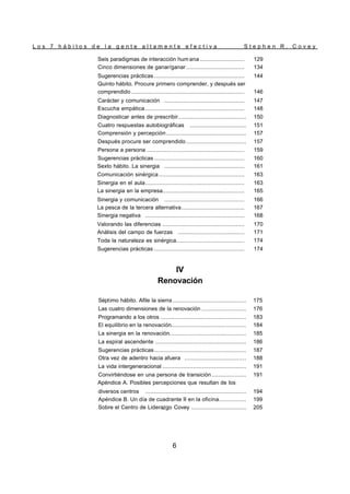 L o s 7 h á b i t o s d e l a g e n t e a l t a m e n t e e f e c t i v a S t e p h e n R . C o v e y
6
Seis paradigmas de interacción hum ana .......................... 129
Cinco dimensiones de ganar/ganar .................................. 134
Sugerencias prácticas ..................................................... 144
Quinto hábito. Procure primero comprender, y después ser
comprendido .................................................................. 146
Carácter y comunicación ............................................... 147
Escucha empática .......................................................... 148
Diagnosticar antes de prescribir........................................ 150
Cuatro respuestas autobiográficas ................................. 151
Comprensión y percepción............................................... 157
Después procure ser comprendido ................................... 157
Persona a persona ......................................................... 159
Sugerencias prácticas ..................................................... 160
Sexto hábito. La sinergia ............................................... 161
Comunicación sinérgica .................................................. 163
Sinergia en el aula.......................................................... 163
La sinergia en la empresa................................................ 165
Sinergia y comunicación ............................................... 166
La pesca de la tercera alternativa..................................... 167
Sinergia negativa .......................................................... 168
Valorando las diferencias ................................................ 170
Análisis del campo de fuerzas ....................................... 171
Toda la naturaleza es sinérgica........................................ 174
Sugerencias prácticas ..................................................... 174
IV
Renovación
Séptimo hábito. Afile la sierra ........................................... 175
Las cuatro dimensiones de la renovación .......................... 176
Programando a los otros .................................................. 183
El equilibrio en la renovación............................................ 184
La sinergia en la renovación............................................. 185
La espiral ascendente ..................................................... 186
Sugerencias prácticas...................................................... 187
Otra vez de adentro hacia afuera .................................... 188
La vida intergeneracional ................................................. 191
Convirtiéndose en una persona de transición .................... 191
Apéndice A. Posibles percepciones que resultan de los
diversos centros ........................................................... 194
Apéndice B. Un día de cuadrante II en la oficina................ 199
Sobre el Centro de Liderazgo Covey ................................ 205
 
