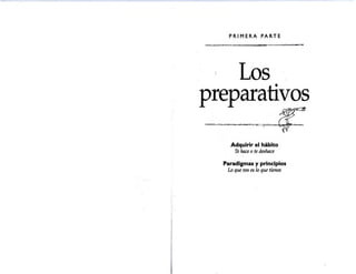 PRIMERA PARTE
Los
preparativos
Adquirir el hábito
Te hace ote deshace
Paradigmas y principios
Lo que ves es lo que tienes
 