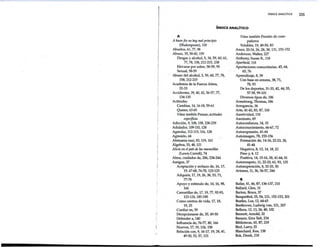 ÍNDICE ANALITICO 255
ÍNDICE ANALÍTICO
A
A buen fin no fu¡y mal principio
(Shakespeare), 118
Abuelos, 61, 77, 98
Abuso, 35, 58-60, 159
Drogas y alcohol, 5, 34, 59, 60, 61,
77, 78,158,212-215,238
Elevarse por sobre, 58-59, 95
Sexual, 58-59
Abuso del alcohol, 5, 59, 60, 77, 78,
158, 212-215
Academia de la Fuerza Aérea,
32-33
Accidentes, 39, 40, 42, 56-57, 77,
134-135
Actitudes
Cambiar, 14, 16-18, 59-61
Querer, 63-65
Véase también Pensar; actitudes
específicas
Adicción, 9, 108, 158, 238-239
Adulador, 109-110, 128
Agendas, 112-115, 116, 128
Agresión, 64
Alemania nazi, 83, 119, 161
Álgebra,33,48, 121
Alicia en el país de las maravillas
(Lewis Carroll), 74
Alma, cuidados de, 206, 234-244
Amigos,37
Aceptación y rechazo de, 16, 17,
19, 67-68, 76-78, 123-125
Adquirir, 17, 19, 26, 38, 53, 71,
77-78
Apoyo y estímulo de, 14, 16, 98,
166
Camarillas de, 17, 19, 77, 92-93,
123-124, 185-190
Como centros de vida, 17, 18,
19,25
Confiar en, 59
Decepcionarse de, 35, 49-50
Defender a, 140
Influencia de, 76-77, 80, 166
~uevos, 17, 19, 124, 158
Relación con, 9, 16-17, 19, 28, 41,
49-50, 53, 57, 131
Véase también Presión de com-
pañeros
Volubles, 19,49-50, 83
Amor, 20-24,26,28,38, 131, 151-152
Anderson, Walter, 227
Anthony, Susan B.; 118
Apartheíd, 118
Aportaciones comunitarias, 45, 64,
65,76
Aprendizaje, 8, 39
Con base en errores, 38, 71,
78,93
De los deportes, 31-33,42,44,55,
57-58,99-101
Diversos tipos de, 186
Armstrong, Thomas, 186
Arrogancia, 34
Arte, 41-42, 83, 87, 110
Asertividad, 110
Asesinato, 69
Autoconfianza, 34, 35
Autoconocimiento, 66-67, 72
Autoexpresión, 41-44
Autoimagen, 78, 155-156
Formación de, 14-16, 22-23, 28,
41-44
~egativa, 8, 13, 14, 18, 22
Peso y, 4,12
Positiva, 14, 15-16,28, 41-44, 81
Autorrespeto, 11, 22-23, 61, 93, 125
Autosuperación, 8, 32-33, 50
Aviones, 11, 36, 56-57, 244
B
Bailar, 41, 46, 87, 136-137, 210
Ballard, Glen, 31
Barton, Bruce, 37
Basquetbol, 25, 54, 121, 152-153, 201
BeaUes, Los, 12,~5
Beethoven, Ludwig van, 121, 207
Belleza, 12, 13,26,40,102
Bennett, Arnold, 32
Benson, Ezra Taft, 234
Bibliotecas, 65, 87, 218
Bird, Larry, 25
Blanchard, Ken, 138
Bok, Derek, 218
 
