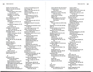 258 INDICE ANALITICO INDICE ANALÍTICO 259
Destino, 15, 29, 70,73-104 El viejo y el mar (Hemingway), 84 Como centro de vida, 18, 21-22, 25 Crisis en, 68-70
Diario, 41, 114, 206, 234, 235-236 Eliot, George, 146 Competencia en, 7, 14, 15, 21, 57, Disfuncionales, 59-61
Dietas, 15, 165 Elogios, 133, 135-136, 138, 159, 179 106, 146-147 Historia educativa de, 12, 60, 61, 68
Comida chatarra contra comida Embarazo, 78,230 Desertar de, 61, 78, 219 Lealtad y amor en, 26, 57
de conejo, 209 Emerson, Ralph Waldo, 96, 132 Exámenes en, 39, 49, 79, 106, 108, Tiempo que se está con, 19, 107,
Disciplina y, 5, 7, 100-102 Empleo: 109, 110, 128, 224 111, 114, 131
Saludables, 35, 100-101,206, Actitud hacia el, 12, 50, 159 Hallar nichos en, 218-220 Véase también Padres; Hermanos
208-209 Busca~ 12,50,~65, 159,217 Seguir en, 60 Fe,22,25,53,81, 118
Diez mandamientos, Los, 25-26 Relaciones y, 50-53 Títulos y logros en, 15, 19, 21-22, Felicidad, 232-233
Dinero,23,39,51, 160 Enemigos, 33 49, 57,69-70, 137-138, 148- Agradar a los demás y, 22, 35-37
ahorrar, 60 .Como centros de vida, 18, 23, 25 149, 153-154 Posesiones y, 19
discriminación con base en, 26, Energía, 28,55 Espejo, 71 Responsabilidad de, 38, 48, 51
157-158 Enfermedad, 39-40,57,78, 124-125, Verse uno mismo en, 28, 29,31-46, Sacrificio de, 122-123
expectativas de ingresos y, 22, 78, 178 104 Flojera, 26, 90, 92, 11()-111
217-218 Enfermedades de transmisión sexual, Esperanza,22,38, 102,203,243-244 Flores silvestres, 41-42
pedir prestado, 162 78,230,231 ESPN, 32 Foch, Ferdinand, 11
Disciplina, 5, 7, 32-33, 100-102, "En la calle en que tú vives", 120 Estados de ánimo, 5, 16, 19, 20, 51, Formación de redes, 64
108-111, 125-126, 223 Enojo, 7, 40, 52, 55, 67, 122 116, 209, 228,231-232 Forrest Gump, 210
Disculpas, 54, 71, 135, 141-142, 144 Como decisión, 48, 49, 68, 69, 72 Estímulo, 14, 15, 16,21-23,48,98, Fortaleza, 39
Diversidad, 183-193 Entorno,66,95, 123-124 lOO, 166, 179 Convertir debilidades en, 101-102
Celebrar contra tolerar, 183-185 Entrenadores, 24-25, 31-32, 37, 52, 57, Estudiar, 8; 108, 109, 110, 116, 128 Desarrollo de, 125
Inteligencia y, 186 98,99,155 Etiquetas n:egativas, 92 En los momentos difíciles, 106,
Personalidad y, 187-190 Enunciado de misión personal, Exámenes,49,79, 106 122-123, 125
Visión y, 186-187 80-84, 90-94, 104 Aptitud, 104 Tomar prestada, 98
Divorcio, 16, 23, 83 Descubrir talentos y, 83-84 Convencionales, 149, 224 Fracaso, 94, 110
Dormir, 100, 110, 122, 178, 206, 208, Ejemplos de, 81-82,90,91 Estudiar para, 108, 109, 110, 1~6, Hacer otro intento después de,
238 Escribir, 80-82, 84, 90-92, 125 128 121-123
Doskoch, Peter, 233 Formas de, 81, 90 Hacer trampa en, 39 Temor al, 32, 118-123, 155
Dreyfuss,Richard,27 Fuentes de, 81 Excelencia, aspirar a, 5, 21-25, 31-33, Frankl, Víctor, 83
Drogas, 5, 76, 77 Obstáculos para, 92-94, 106 90,126,155 "Frío interno, el", 192
Abuso de, 34, 60, 61, 77, 78, 158, Equilibrio, 9, 22, 26, 111, 112, 207, 240 Éxito, 34, 81, 147-148 Frost, Robert, 122
212-215, 238 Errores, 37-38, 53-54, 92-93 A expensas de los demás, 7, 34, Fulghum, Robert, 186
Presión de compañeros y, 5, 77, Aprender de, 38, 71, 78, 93 148 Fumar, 12, 212-213
124 Corrección de, 38, 53,141-142 Escalera hacia el, 93 Futbol, 31-33, 52,57-58, 69, 93,99-.
Tráfico de, 68, 69 Esclavitud, 52 Ingrediente común del, 125-127 101, 118, 166-167, 184
Dudas de uno mismo, 32 Escuchar, 28, 102, 167-176 Tras el fracaso, 121-123
Duell, Charles H., 12 Centrado en uno mismo, 169, 180 Expectativas, 226 G
Cinco estilos deficientes de, De los demás, 5, 21-26,31-32 Galwey, Tun, 155
E 167-170, 180 Esclarecimiento de, 134, 142-143, Ganar, 121-123, 155, 161
Educación, 217-225 Genuina y sinceramente, 5, 77, 83, 144 Ganar-Ganar, 5, 129, 145-147,
Como clave para el futuro, 140-141, 144, 171-176 Exceder, 28 152-154, 159-161
217c218, 221-223 Opinión y consejo con, 169-170, Falsas, 134, 142-143 Frutos de, 159-161
Historia familiar y, 12, 60, 61, 68 180 Ingresos, 22, 78, 217-218 Pasos de bebé para, 162
Valores de la, 60, 81, 217-223 Selectivamente, 168-169, 180 Ganar-Perder; 7, 146,147-149, 159,
Véase también Universidad; Escuela Sin atención; 7, 140-141, 168, 180 F 160, i61, 162
Egoísmo, 25, 26, 149, 179 Sondear y, 170 Fama,23,93 Gandhi, Mohandas K. "Mahatrna",
Einstein, Alberto, 121, 219 Escuela, 219-220 Familias, 5 103
Ejército de Estados Unidos, 90 Calificaciones en, 5, 21-22, 71, Apoyo y estímulo en, 15, 16, 21, Gansos, migración de, 182
El hombre que nadie conoce (Barton), 37 94-95,109,125,224 22,23,33,48, 100,179 Garfield, 67, 185, 210
 