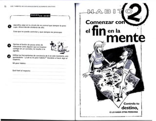 72 LOS 7 HÁBITOS DE LO S AD OLESCEN TES ALTAMENTE EFECTIVOS
.( -~
1
.
Comenzar con
Identifica algo en tu círcul d
cupe. Ahora decide olvida~e ~en~l~ntrol que siempre te preo-
Cos ·
a que no puedo controlar y que sie
_ . mpre me preocupa: el fin en la .
mente
Oprime el botón de
reaccionar ante al ~ausa antes de
contigo en un cor¡~en qu~ se tropiece
agreda. e or, te msulte o te
Qué haré al respecto:
L
Controla tu
· destino,
O LO HARÁ OTRA PERSONA
. . • ... __
,._,...~~
 
