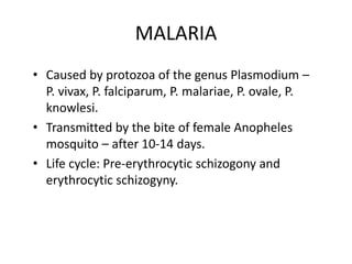MALARIA
• Caused by protozoa of the genus Plasmodium –
P. vivax, P. falciparum, P. malariae, P. ovale, P.
knowlesi.
• Transmitted by the bite of female Anopheles
mosquito – after 10-14 days.
• Life cycle: Pre-erythrocytic schizogony and
erythrocytic schizogyny.
 
