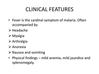 CLINICAL FEATURES
• Fever is the cardinal symptom of malaria. Often
accompanied by
 Headache
 Myalgia
 Arthralgia
 Anorexia
 Nausea and vomiting
• Physical findings – mild anemia, mild jaundice and
splenomegaly.
 