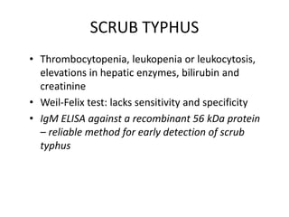 SCRUB TYPHUS
• Thrombocytopenia, leukopenia or leukocytosis,
elevations in hepatic enzymes, bilirubin and
creatinine
• Weil-Felix test: lacks sensitivity and specificity
• IgM ELISA against a recombinant 56 kDa protein
– reliable method for early detection of scrub
typhus
 
