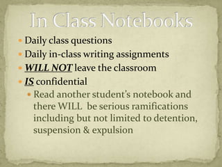 Daily class questionsDaily in-class writing assignmentsWILL NOTleave the classroomIS confidentialRead another student’s notebook and there WILL  be serious ramifications including but not limited to detention, suspension & expulsionIn Class Notebooks