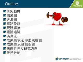 Outline
研究動機
情境圖
方塊圖
電路設計
硬體焊接
訊號過濾
演算法
成果展示:心率血氧檢測
成果展示:運動促進
未來延伸及研究方向
任務分配
 