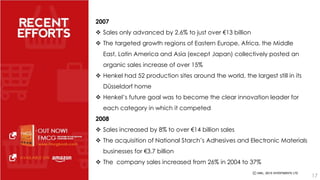 17 
2007 
 Sales only advanced by 2.6% to just over €13 billion 
 The targeted growth regions of Eastern Europe, Africa, the Middle 
East, Latin America and Asia (except Japan) collectively posted an 
organic sales increase of over 15% 
 Henkel had 52 production sites around the world, the largest still in its 
Düsseldorf home 
 Henkel’s future goal was to become the clear innovation leader for 
each category in which it competed 
2008 
 Sales increased by 8% to over €14 billion sales 
 The acquisition of National Starch’s Adhesives and Electronic Materials 
businesses for €3.7 billion 
 The company sales increased from 26% in 2004 to 37% 
 