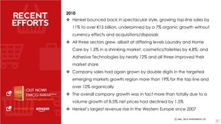 2010 
 Henkel bounced back in spectacular style, growing top-line sales by 
11% to over €15 billion, underpinned by a 7% organic growth without 
currency effects and acquisitions/disposals 
 All three sectors grew, albeit at differing levels Laundry and Home 
Care by 1.5% in a shrinking market, cosmetics/toiletries by 4.8%; and 
Adhesive Technologies by nearly 12% and all three improved their 
market share 
 Company sales had again grown by double digits in the targeted 
emerging markets growth region more than 19% for the top line and 
over 12% organically 
 The overall company growth was in fact more than totally due to a 
volume growth of 8.5% net prices had declined by 1.5% 
 Henkel’s largest revenue rise in the Western Europe since 2007 
20 
 