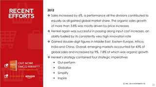 2012 
 Sales increased by 6%, a performance all the divisions contributed to 
equally as all gained global market share. The organic sales growth 
of more than 3.8% was mostly driven by price increases 
 Henkel again was successful in passing along input cost increases, an 
ability fuelled by its consistently very high innovation rate 
 Gained double-digit figures in Middle East, Eastern Europe, Africa, 
India and China. Overall, emerging markets accounted for 43% of 
global sales and increased by 9%, 7.8% of which was organic growth 
 Henkel’s strategy contained four strategic imperatives 
 Out-perform 
 Globalise 
 Simplify 
 Inspire 
22 
 