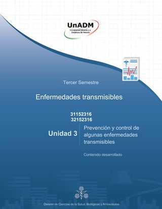 0
Enfermedades transmisibles
Unidad 3
Prevención y control de
algunas enfermedades
transmisibles
Contenido desarrollado
Tercer Semestre
31152316
32152316
 