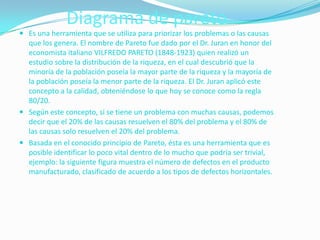 Diagrama de pareto
 Es una herramienta que se utiliza para priorizar los problemas o las causas
  que los genera. El nombre de Pareto fue dado por el Dr. Juran en honor del
  economista italiano VILFREDO PARETO (1848-1923) quien realizó un
  estudio sobre la distribución de la riqueza, en el cual descubrió que la
  minoría de la población poseía la mayor parte de la riqueza y la mayoría de
  la población poseía la menor parte de la riqueza. El Dr. Juran aplicó este
  concepto a la calidad, obteniéndose lo que hoy se conoce como la regla
  80/20.
 Según este concepto, si se tiene un problema con muchas causas, podemos
  decir que el 20% de las causas resuelven el 80% del problema y el 80% de
  las causas solo resuelven el 20% del problema.
 Basada en el conocido principio de Pareto, ésta es una herramienta que es
  posible identificar lo poco vital dentro de lo mucho que podría ser trivial,
  ejemplo: la siguiente figura muestra el número de defectos en el producto
  manufacturado, clasificado de acuerdo a los tipos de defectos horizontales.
 
