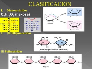 CLASIFICACION
I. Monosacáridos
C6H12O6 (hexosa)
I. (II. Oligosacáridos
III Polisacáridos
 