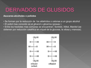 Azucares-alcoholes o polioles
• Se forman por la reducción de los aldehídos o cetonas a un grupo alcohol
• El poliol mas conocido es el glicerol o glicerina (grasas )
• Entre los hexitoles mas comunes se encuentran: Sorbitol, Xilitol, Manitol (se
obtienen por reducción catalítica en níquel de la glucosa, la xilosa y manosa).
 