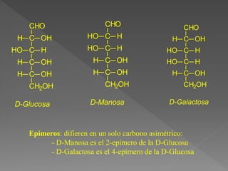 CHO
C
C
H
HO
H
HO
C OH
H
C OH
H
CH2OH
D-Manosa
CHO
C
C
OH
H
H
HO
C H
HO
C OH
H
CH2OH
D-Galactosa
CHO
C
C
OH
H
H
HO
C OH
H
C OH
H
CH2OH
D-Glucosa
Epímeros: difieren en un solo carbono asimétrico:
- D-Manosa es el 2-epímero de la D-Glucosa
- D-Galactosa es el 4-epímero de la D-Glucosa
 