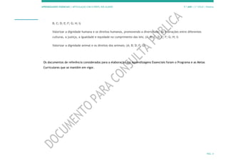 APRENDIZAGENS ESSENCIAIS | ARTICULAÇÃO COM O PERFIL DOS ALUNOS 7.º ANO | 3.º CICLO | História
PÁG. 4
B; C; D; E; F; G; H; I)
Valorizar a dignidade humana e os direitos humanos, promovendo a diversidade, as interações entre diferentes
culturas, a justiça, a igualdade e equidade no cumprimento das leis; (A; B; C; D; E; F; G; H; I)
Valorizar a dignidade animal e os direitos dos animais; (A; B; D; F; G)
Os documentos de referência considerados para a elaboração das Aprendizagens Essenciais foram o Programa e as Metas
Curriculares que se mantêm em vigor.
 
