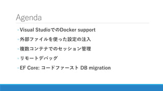 Agenda
◦ Visual StudioでのDocker support
◦ 外部ファイルを使った設定の注入
◦ 複数コンテナでのセッション管理
◦ リモートデバッグ
◦ EF Core: コードファースト DB migration
 