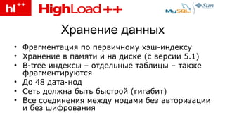Хранение данных Фрагментация по первичному хэш-индексу Хранение в памяти и на диске (с версии 5.1) B-tree  индексы – отдельные таблицы – также фрагментируются До 48 дата-нод Сеть должна быть быстрой (гигабит) Все соединения между нодами без авторизации и без шифрования 