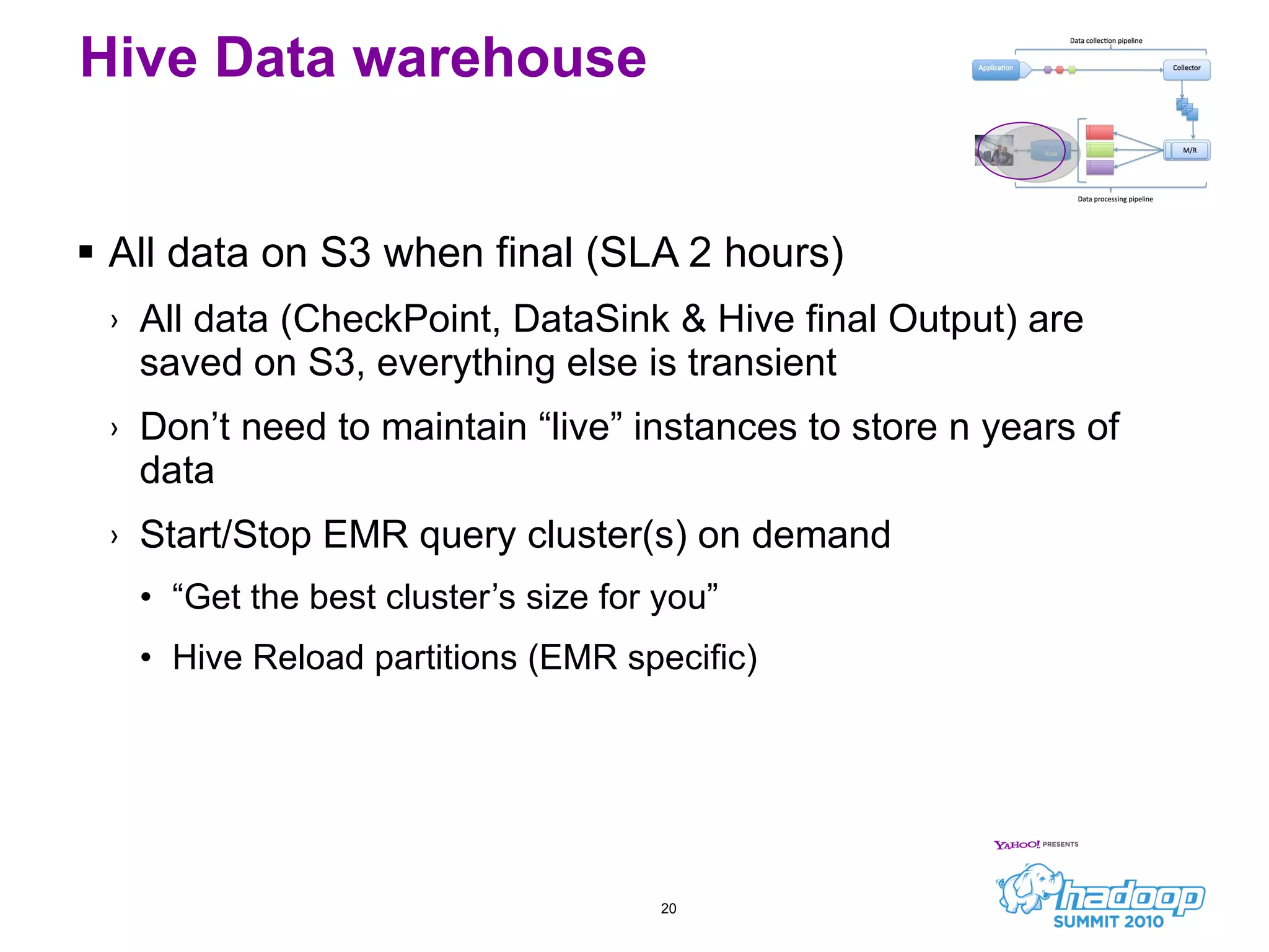 Hive Data warehouse All data on S3 when final (SLA 2 hours) All data (CheckPoint, DataSink & Hive final Output) are saved on S3, everything else is transient Don’t need to maintain “live” instances to store n years of data Start/Stop EMR query cluster(s) on demand “ Get the best cluster’s size for you” Hive Reload partitions (EMR specific) 