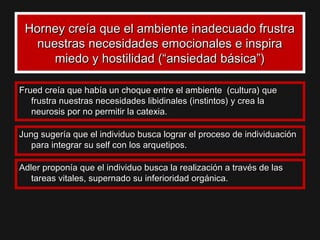 Horney creía que el ambiente inadecuado frustraHorney creía que el ambiente inadecuado frustra
nuestras necesidades emocionales e inspiranuestras necesidades emocionales e inspira
miedo y hostilidad (“ansiedad básica”)miedo y hostilidad (“ansiedad básica”)
Frued creía que había un choque entre el ambiente (cultura) queFrued creía que había un choque entre el ambiente (cultura) que
frustra nuestras necesidades libidinales (instintos) y crea lafrustra nuestras necesidades libidinales (instintos) y crea la
neurosis por no permitir la catexia.neurosis por no permitir la catexia.
Jung sugería que el individuo busca lograr el proceso de individuaciónJung sugería que el individuo busca lograr el proceso de individuación
para integrar su self con los arquetipos.para integrar su self con los arquetipos.
Adler proponía que el individuo busca la realización a través de lasAdler proponía que el individuo busca la realización a través de las
tareas vitales, supernado su inferioridad orgánica.tareas vitales, supernado su inferioridad orgánica.
 