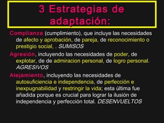 3 Estrategias de3 Estrategias de
adaptación:adaptación:
ComplianzaComplianza (cumplimiento), que incluye las necesidades(cumplimiento), que incluye las necesidades
dede afecto y aprobación,afecto y aprobación, dede pareja,pareja, dede reconocimiento oreconocimiento o
prestigio social,prestigio social, .. SUMISOSSUMISOS
AgresiónAgresión, incluyendo las necesidades de, incluyendo las necesidades de poder,poder, dede
explotarexplotar,, dede dede admiracion personal,admiracion personal, dede logro personal.logro personal.
AGRESIVOSAGRESIVOS
AlejamientoAlejamiento, incluyendo las necesidades de, incluyendo las necesidades de
autosuficiencia e independenciaautosuficiencia e independencia, de, de perfección eperfección e
inexpugnabilidadinexpugnabilidad yy restringir la vidarestringir la vida; esta última fue; esta última fue
añadida porque es crucial para lograr la ilusión deañadida porque es crucial para lograr la ilusión de
independencia y perfección total.independencia y perfección total. DESENVUELTOSDESENVUELTOS
 