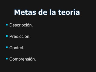  Descripción.Descripción.
 Predicción.Predicción.
 Control.Control.
 Comprensión.Comprensión.
 