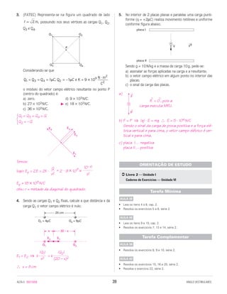 3. (FATEC) Representa-se na figura um quadrado de lado
possuindo nos seus vértices as cargas Q1, Q2,
Q3 e Q4.
Considerando-se que
o módulo do vetor campo elétrico resultante no ponto P
(centro do quadrado) é:
a) zero. d) 9 × 103N/C.
b) 27 × 103N/C. e) 18 × 103N/C.
c) 36 × 103N/C.
Q1 = Q3 = Q4 = Q
Q2 = –Q
Temos:
logo: Ep = 2E = 2K ⋅ = 2 ⋅ 9 × 109 ×
Ep = 18 × 103N/C
obs.: r = metade da diagonal do quadrado.
4. Sendo as cargas Q1 e Q2 fixas, calcule a que distância x da
carga Q1 o vetor campo elétrico é nulo.
E1 = E2 ⇒ k = k
∴ x = 8cm
5. No interior de 2 placas planas e paralelas uma carga punti-
forme (q = +2µC) realiza movimento retilíneo e uniforme
conforme figura abaixo.
Sendo g = 10N/kg e a massa da carga 10g, pede-se:
a) assinalar as forças aplicadas na carga e a resultante;
b) o vetor campo elétrico em algum ponto no interior das
placas;
c) o sinal da carga das placas.
a)
R
→
= 0
→
, pois a
carga executa MRU.
b) F = P ⇒ |q| ⋅ E = mg ∴ E = 5 ⋅ 104N/C
Sendo o sinal da carga de prova positiva e a força elé-
trica vertical e para cima, o vetor campo elétrico é ver-
tical e para cima.
c) placa I… negativa
placa II… positiva
• Leia os itens 4 a 8, cap. 2.
• Resolva os exercícios 5 e 6, série 2.
• Leia os itens 9 e 10, cap. 2.
• Resolva os exercícios 7, 13 e 14, série 2.
• Resolva os exercícios 8, 9 e 10, série 2.
• Resolva os exercícios 15, 16 e 20, série 2.
• Resolva o exercício 22, série 2.
AULA 40
AULA 39
Tarefa Complementar
AULA 40
AULA 39
Tarefa Mínima
Livro 2 — Unidade I
Caderno de Exercícios — Unidade VI
ORIENTAÇÃO DE ESTUDO
placa I
placa II
g+
V
|Q2|
(20 – x)2
|Q1|
x2
Q1
20 – x
Q2
x
E2
E1
Q1
20 – x
Q2
x
E2
E1
Q1
= 4µC
20 cm
Q2
= 9µC
10–6
12
Q
r2
E4
E3
E2
E1
E4
E3
E2
E1
Q Q Q C Q C e K
N m
C
1 3 4 2
9
2
2
1 1 9 10= = = = = ×
⋅
µ µ, –
Q3 Q4
Q2Q1
P
l = 2 m,
ALFA-5 85015058 39 ANGLO VESTIBULARES
123
+
F
→
P
→
+
F
→
P
→
 
