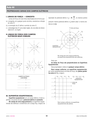 I. LINHAS DE FORÇA — CONCEITO
Linhas de Força (LF) são linhas desenhadas de tal forma que:
a) a tangente, em qualquer ponto da linha, caracteriza a direção
do vetor E
→
.
b) a orientação da LF define o sentido do vetor E.
c) a densidade das LF numa dada região, dá uma idéia da intensi-
dade de E
→
, na região.
II. LINHAS DE FORÇA DOS CAMPOS
ELÉTRICOS MAIS COMUNS
III. SUPERFÍCIE EQUIPOTENCIAL
Superfície equipotencial, em um campo elétrico, é toda su-
perfície, nos pontos da qual o potencial elétrico é constante.
No campo de uma carga pontual Q, as superfícies equipo-
tenciais são esféricas e concêntricas com a carga (Fig. a seguir) da
expressão do potencial elétrico Vp = , os mesmos pontos
possuem mesmo potencial elétrico Vp devem estar à mesma dis-
tância r de Q.
No campo de uma carga puntiforme,
as superfícies equipotenciais são esféricas.
Note que:
As linhas de Força são perpendiculares às Superfícies
Equipotenciais.
Esta propriedade é válida em qualquer campo elétrico.
Num campo uniforme, as superfícies equipotenciais,
por serem perpendiculares às linhas de força, são planos parale-
los entre si (Fig. a seguir).
Num campo uniforme, as superfícies
equipotenciais são planas.
linha de
força
superfície
equipotencial
VA Ͼ VB Ͼ VC Ͼ VDVA VB VC VD
superfície
equipotencial
linha de força
VA
VB
VC
K
Q
r
⋅
ALFA-5 85015058 44 ANGLO VESTIBULARES
Aula 44
PROPRIEDADES GERAIS DOS CAMPOS ELÉTRICOS
+
+Q
+ –
–Q+Q
–
–Q
+
+Q
+
+Q
CAMPO ELÉTRICO
UNIFORME
 