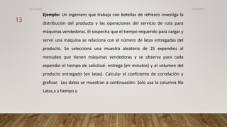 Ejemplo: Un ingeniero que trabaja con botellas de refresco investiga la
distribución del producto y las operaciones del servicio de ruta para
máquinas vendedoras. El sospecha que el tiempo requerido para cargar y
servir una máquina se relaciona con el número de latas entregadas del
producto. Se selecciona una muestra aleatoria de 25 expendios al
menudeo que tienen máquinas vendedoras y se observa para cada
expendio el tiempo de solicitud- entrega (en minutos) y el volumen del
producto entregado (en latas). Calcular el coeficiente de correlación y
graficar. Los datos se muestran a continuación: Solo usa la columna No
Latas,x y tiempo y
26/03/2024
13
CdeCyAdelaC
 