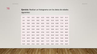 2.41 17.87 33.51 38.65 45.70 49.36 55.08 62.53 70.37 81.21
3.34 18.03 33.76 39.02 45.91 49.95 55.23 62.78 71.05 82.37
4.04 18.69 34.58 39.64 46.50 50.02 55.56 62.98 71.14 82.79
4.46 19.94 35.58 40.41 47.09 50.10 55.87 63.03 72.46 83.31
8.46 20.20 35.93 40.58 47.21 50.10 56.04 64.12 72.77 85.83
9.15 20.31 36.08 40.64 47.56 50.72 56.29 64.29 74.03 88.67
11.59 24.19 36.14 43.61 47.93 51.40 58.18 65.44 74.10 89.28
12.73 28.75 36.80 44.06 48.02 51.41 59.03 66.18 76.26 89.58
13.18 30.36 36.92 44.52 48.31 51.77 59.37 66.56 76.69 94.07
15.47 30.63 37.23 45.01 48.55 52.43 59.61 67.45 77.91 94.47
Ejercicio: Realizar un histograma con los datos de edades
siguientes:
26/03/2024
16
CdeCyAdelaC
 