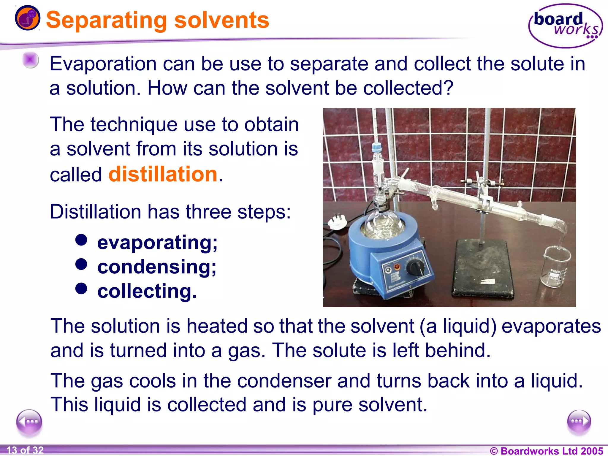 Separating solvents
Evaporation can be use to separate and collect the solute in
a solution. How can the solvent be collected?
The technique use to obtain
a solvent from its solution is
called distillation.
Distillation has three steps:
 evaporating;
 condensing;
 collecting.
The solution is heated so that the solvent (a liquid) evaporates
and is turned into a gas. The solute is left behind.
The gas cools in the condenser and turns back into a liquid.
This liquid is collected and is pure solvent.
1 of 20
13 of 32

© Boardworks Ltd 2004
2005

 