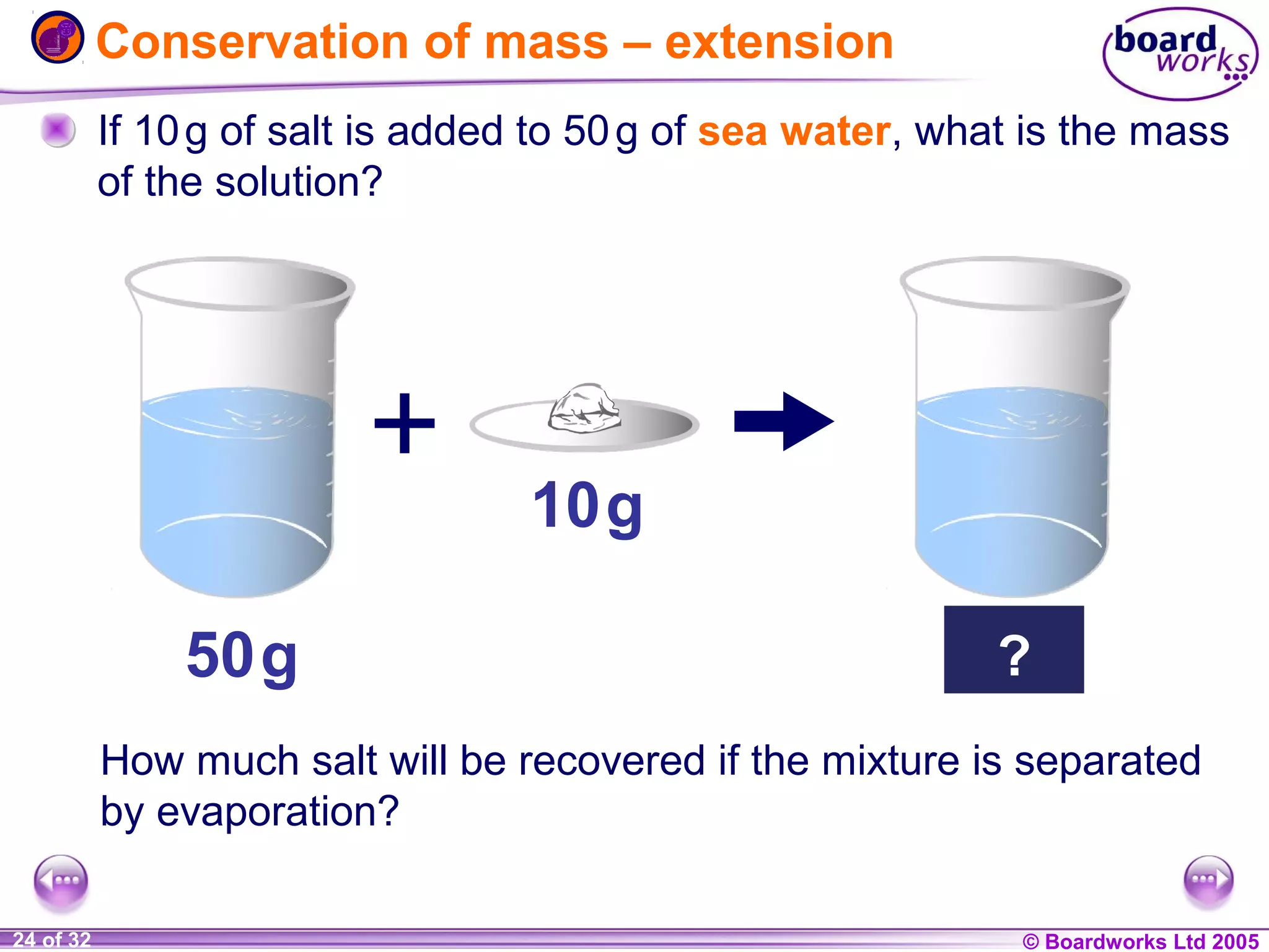 Conservation of mass – extension
If 10 g of salt is added to 50 g of sea water, what is the mass
of the solution?

10 g
50 g

?
60 g

How much salt will be recovered if the mixture is separated
by evaporation?
1 of 20
24 of 32

© Boardworks Ltd 2004
2005

 