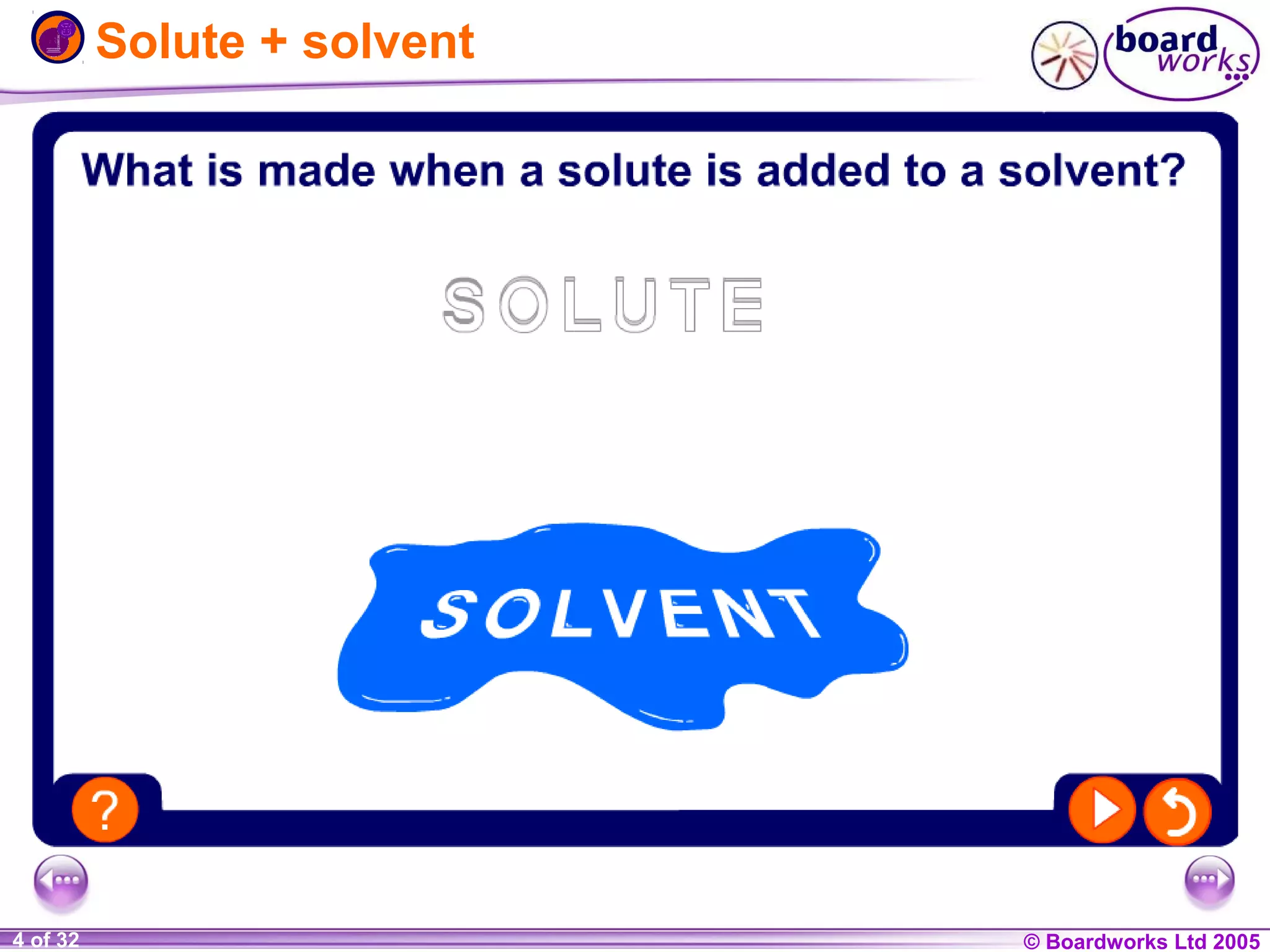 Solute + solvent

1 of 32
20
4

© Boardworks Ltd 2004
2005

 