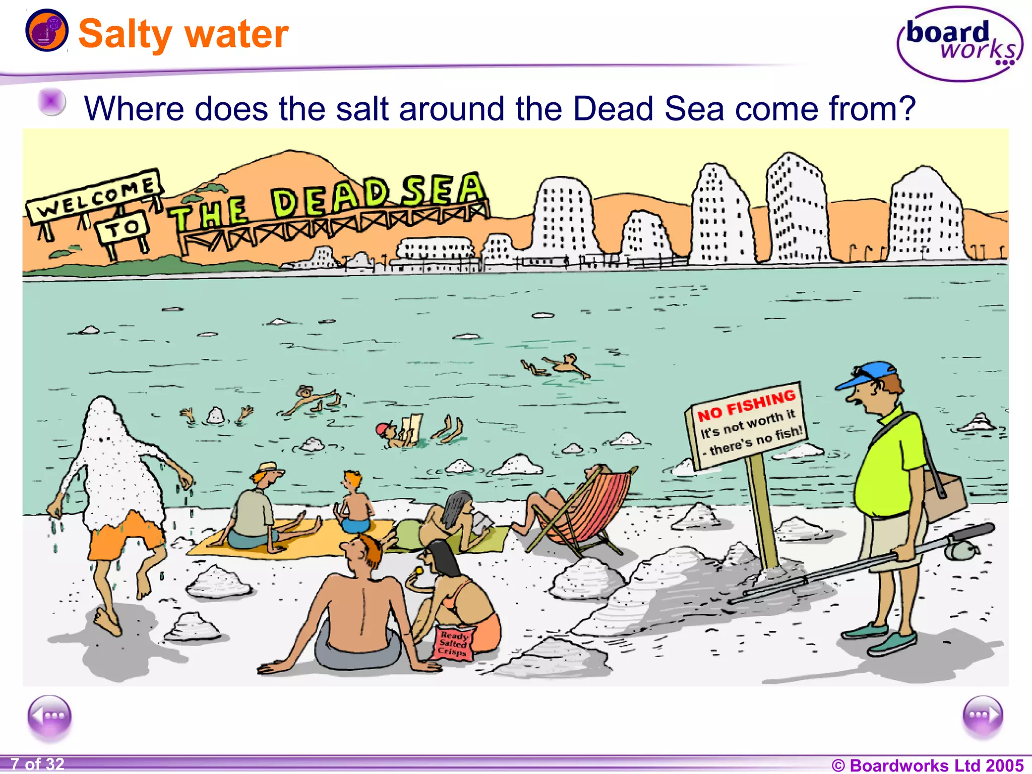 Salty water
Where does the salt around the Dead Sea come from?

1 of 32
20
7

© Boardworks Ltd 2004
2005

 