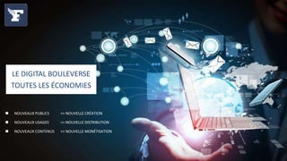 LE DIGITAL BOULEVERSE
TOUTES LES ÉCONOMIES



NOUVEAUX PUBLICS

>> NOUVELLE CRÉATION



NOUVEAUX USAGES

>> NOUVELLE DISTRIBUTION



NOUVEAUX CONTENUS

>> NOUVELLE MONÉTISATION

2

 