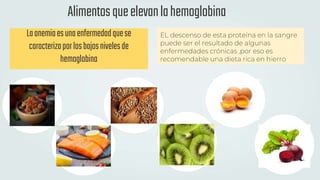 Alimentosqueelevanlahemoglobina
Laanemiaesunaenfermedadquese
caracterizaporlosbajosnivelesde
hemoglobina
EL descenso de esta proteína en la sangre
puede ser el resultado de algunas
enfermedades crónicas ,por eso es
recomendable una dieta rica en hierro
 