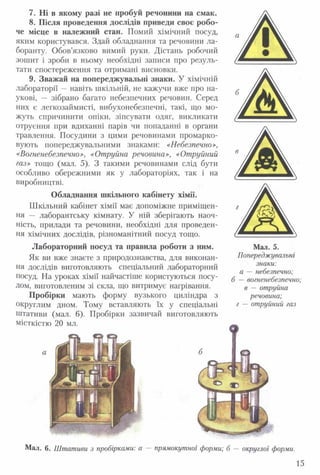 7. Ні в якому разі не пробуй речонини на смак.
8. Після проведення дослідів приведи своє робо­
че місце в належний стан. Помий хімічний посуд,
яким користувався. Здай обладнання та речовини ла­
боранту. Обов’язково вимий руки. Дістань робочий
зошит і зроби в ньому необхідні записи про резуль­
тати спостереження та отримані висновки.
9. Зважай на попереджувальні знаки. У хімічній
лабораторії — навіть шкільній, не кажучи вже про на­
укові, — зібрано багато небезпечних речовин. Серед
них є легкозаймисті, вибухонебезпечні, такі, що мо­
жуть спричинити опіки, зіпсувати одяг, викликати
отруєння при вдиханні парів чи попаданні в органи
травлення. Посудини з цими речовинами промарко-
вують попереджувальними знаками: «Небезпечно»,
«Вогненебезпечно», «Отруйна речовина», «Отруйний
газ» тощо (мал. 5). З такими речовинами слід бути
особливо обережними як у лабораторіях, так і на
виробництві.
Обладнання шкільного кабінету хімії.
Шкільний кабінет хімії має допоміжне приміщен­
ня — лаборантську кімнату. У ній зберігають наоч­
ність, прилади та речовини, необхідні для проведен­
ня хімічних дослідів, різноманітний посуд тощо.
Лабораторний посуд та правила роботи з ним.
Як ви вже знаєте з природознавства, для виконан­
ня дослідів виготовляють спеціальний лабораторний
посуд. На уроках хімії найчастіше користуються посу­
дом, виготовленим зі скла, що витримує нагрівання.
Пробірки мають форму вузького циліндра з
округлим дном. Тому вставляють їх у спеціальні
штативи (мал. 6). Пробірки зазвичай виготовляють
місткістю 20 мл.
Мал. 5.
Попереджувальні
знаки:
а —небезпечно;
б —вогненебезпечно;
в —отруйна
речовина;
г —отруйний газ
Мал. 6. Штативи з пробірками: а —прямокутної форми; б —округлої форми.
15
 