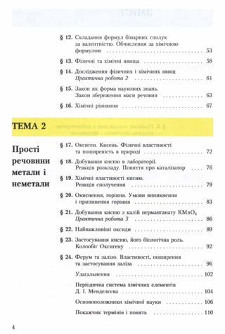 § 12. Складання формул бінарних сполук
за валентністю. Обчислення за хімічною
формулою ...................................................................... 53
§ 13. Фізичні та хімічні явища .......................................... 58
§ 14. Дослідження фізичних і хімічних явищ
Практична робота 2 ................................................. 61
§ 15. Закон як форма наукових знань.
Закон збереження маси речовин ............................ 63
§ 16. Хімічні рівняння .......................................................... 67
ТЕМА 2
. § 17. Оксиген. Кисень. Фізичні властивості
І ір О С Т І та поширеність в природі .......................................... 72
р е ч о в и н и § 18. Добування кисню в лабораторії.
. Реакція розкладу. Поняття про каталізатор . . . . 76
м е т а л и і
§ 19. Хімічні властивості кисню.
Н е м е т а Л И Реакція сполучення .................................................... 79
§ 20. Окиснення, горіння. Умови виникнення
і припинення горіння ................................................. 83
§ 21. Добування кисню з калій перманганату КМ п04
Практична робота 3 ................................................. 86
§ 22. Найважливіші оксиди ................................................. 89
§ 23. Застосування кисню, його біологічна роль.
Колообіг Оксигену ...................................................... 92
§ 24. Ферум та залізо. Властивості, поширення
та застосування заліза ............................................... 96
Узагальнення ............................................................... 102
Періодична система хімічних елементів
Д. І. Менделєєва ...........................................................104
Основоположники хімічно! науки ..........................106
Покажчик термінів і понять ................................... 110
4
 