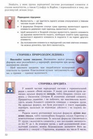 Знайдіть, у яких групах періодичної системи розташовані елементи зі
сталою валентністю, а також Сульфур та Карбон, і переконайтеся в тому, що
розглянутий зв’язок існує.
Підведемо підсумки
• Валентність — це здатність одного атома сполучатися з певним
числом інших атомів.
• У формулах бінарних сполук сума одиниць валентності одного
елемента дорівнює сумі одиниць валентності іншого.
• Щоб визначити в бінарній сполуці валентність одного елемента
за відомою валентністю іншого, необхідно знайти суму одиниць
валентності відомого елемента й поділити її на індекс другого
елемента.
• За положенням елемента в періодичній системі хімічних елемен­
тів можна дізнатись про його валентність.
СТОРІНКА ПРИРОДОДОСЛІДНИКА
Виконайте вдома завдання. Виготовіть моделі речовин,
формули яких розглядались у параграфі, враховуючи при цьому
валентність атомів.
Щоб виконати завдання, вам знадобляться кольоровий
пластилін та сірники. Пластилінові кульки імітуватимуть ато­
ми, а сірники — одиниці валентності.
СТОРІНКА ЕРУДИТА
У нижній частині періодичної системи є горизонтальний
рядок з назвою «Вищі оксиди». У ньому для кожної групи на-
------------ писано загальні формули оксидів, тобто бінарних сполук еле­
мента з Оксигеном (літерою Е позначено хімічний елемент).
Придивіться уважніше, і ви побачите, що максимальна вален­
тність атомів більшості елементів співпадає з номером групи.
На прикладі формул, які були розглянуті в тексті параграфа,
перевірте, наскільки це відповідає дійсності і чи існують ви­
нятки.
Рядком нижче розташовані загальні формули летких вод­
невих сполук, тобто газоподібних бінарних сполук Гідрогену з
неметалічними елементами. їх загальні формули з’являються з
IV групи і валентність елементів у них послідовно зменшуєть­
ся від IV до І. За номером групи, у якій розташований неме-
талічний елемент, можна безпомилково визначити його ва­
лентність у сполуці з Гідрогеном, віднявши від числа 8 число,
52
 