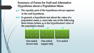 One-tailed
(lower-tail)
One-tailed
(upper-tail)
Two-tailed
0 0:H m m
0:aH m m
0 0:H m m
0:aH m m
0 0:H m m
0:aH m m
Summary of Forms for Null and Alternative
Hypotheses about a Population Mean
 The equality part of the hypotheses always appears
in the null hypothesis.
 In general, a hypothesis test about the value of a
population mean m must take one of the following
three forms (where m0 is the hypothesized value of
the population mean).
 