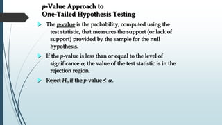 p-Value Approach to
One-Tailed Hypothesis Testing
Reject H0 if the p-value < .
The p-value is the probability, computed using the
test statistic, that measures the support (or lack of
support) provided by the sample for the null
hypothesis.
If the p-value is less than or equal to the level of
significance , the value of the test statistic is in the
rejection region.
 